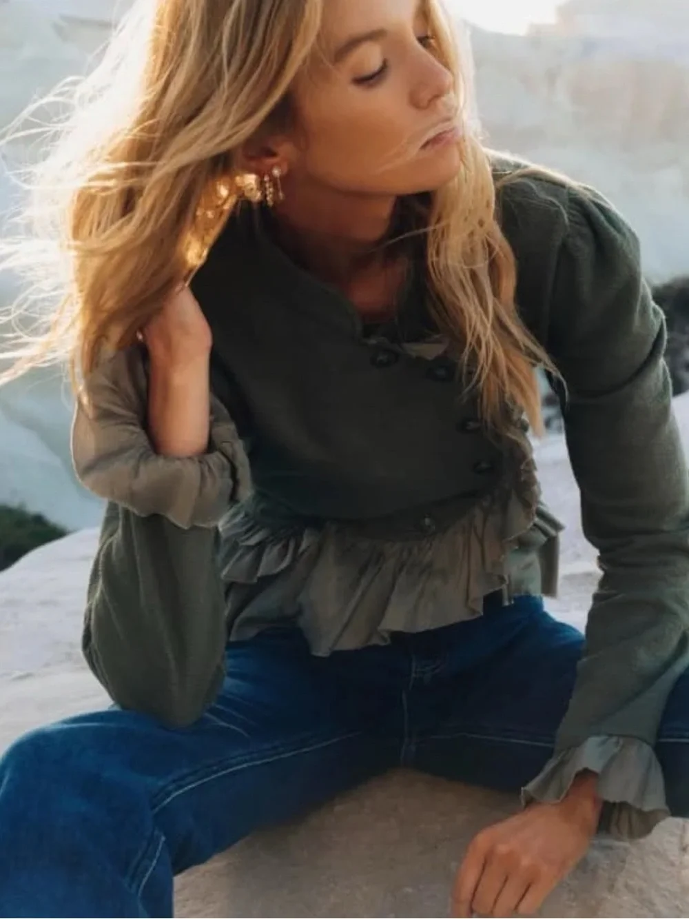 Anthropologie Curved Ruffle Military Cardigan Top Jacket Army Green Large NWT - Picture 5 of 16